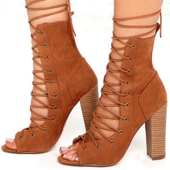 Lulus Shoes - Lulus Sierra Tan Lace-Up High Heel Booties 5.5